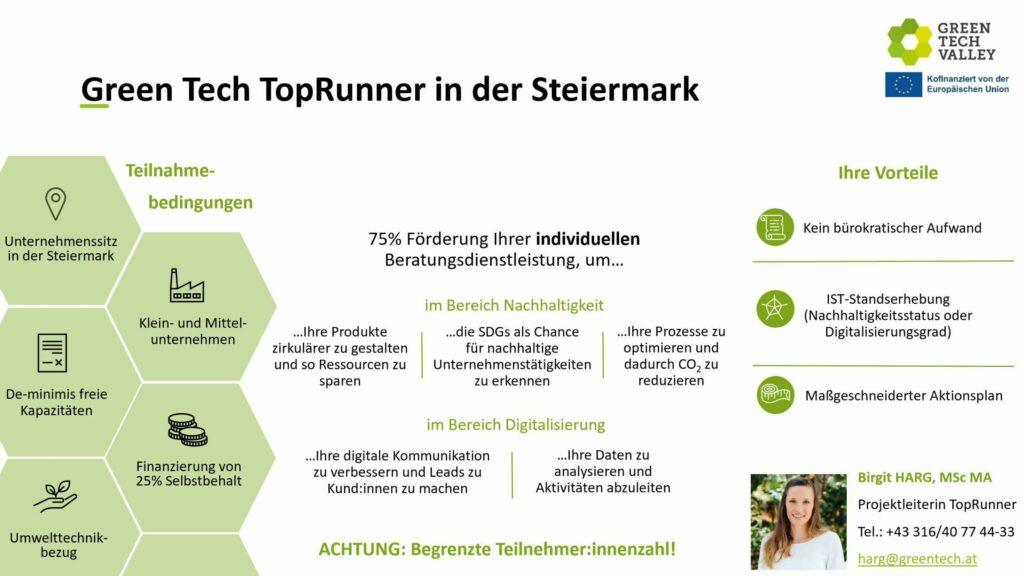 Factsheet des Projektes Green Tech TopRunner in der Steiermark, des Green Tech Valley Clusters